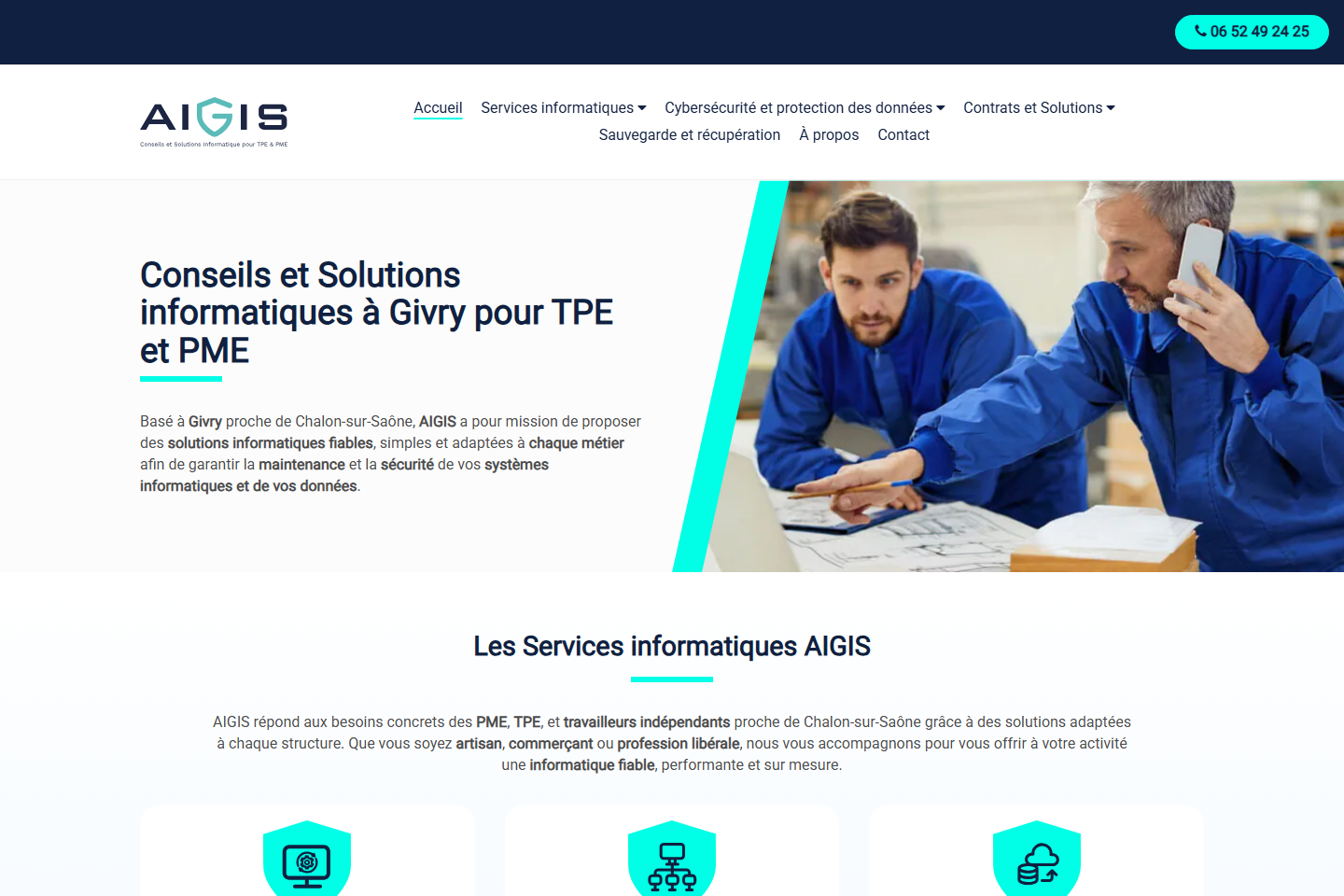 Page d’accueil du site AIGIS, solutions informatiques pour TPE et PME