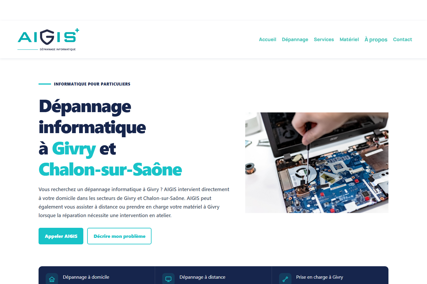 Page d’accueil du site AIGIS+, dépannage informatique pour les particuliers